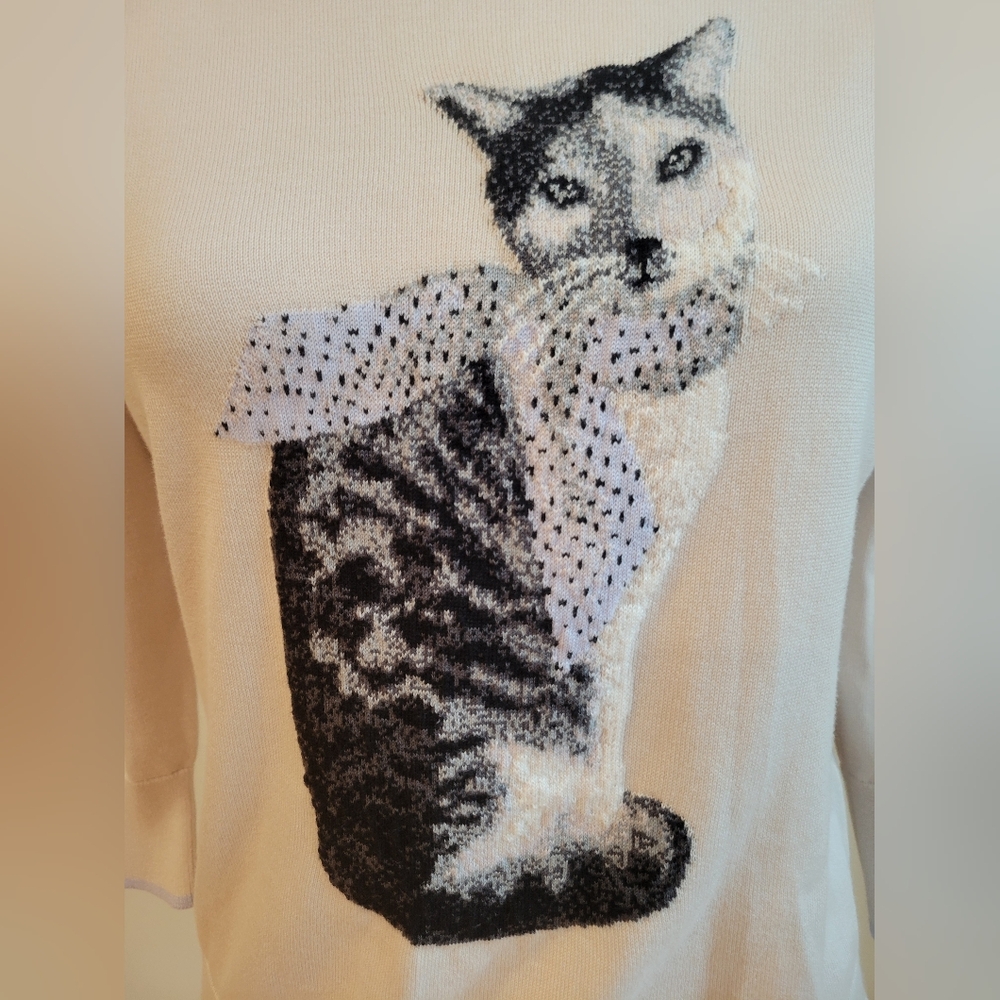 Cream Sweater with Cat Design Intarsia Lands End